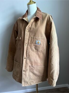 Carhartt lined Tan/Brown Canvas Work Jacket with Corduroy Collar workwear worn